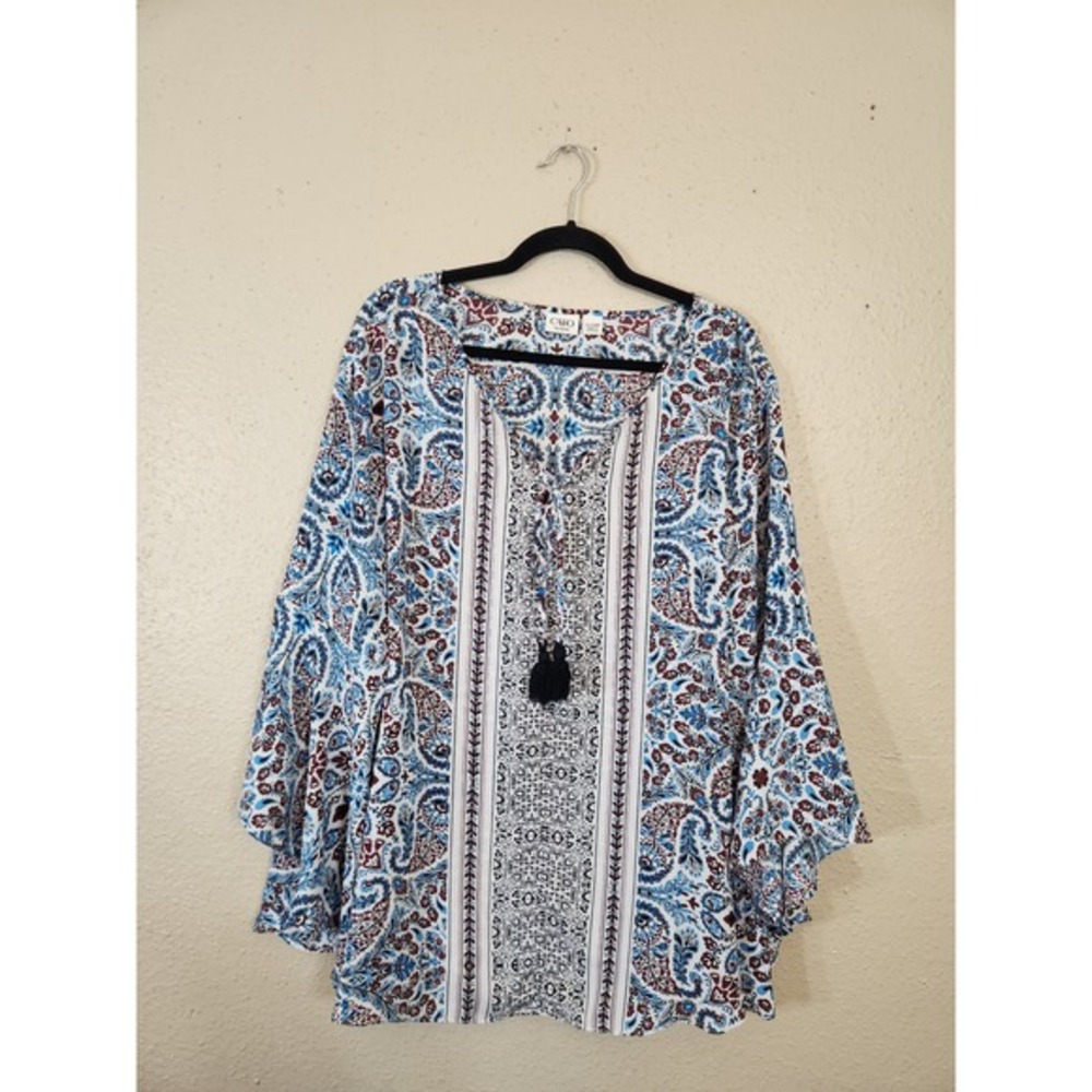 Cato Woman Blue Red Paisley Print Tassel Blouse Flowy Bell Sleeve‎ Top 22/24W